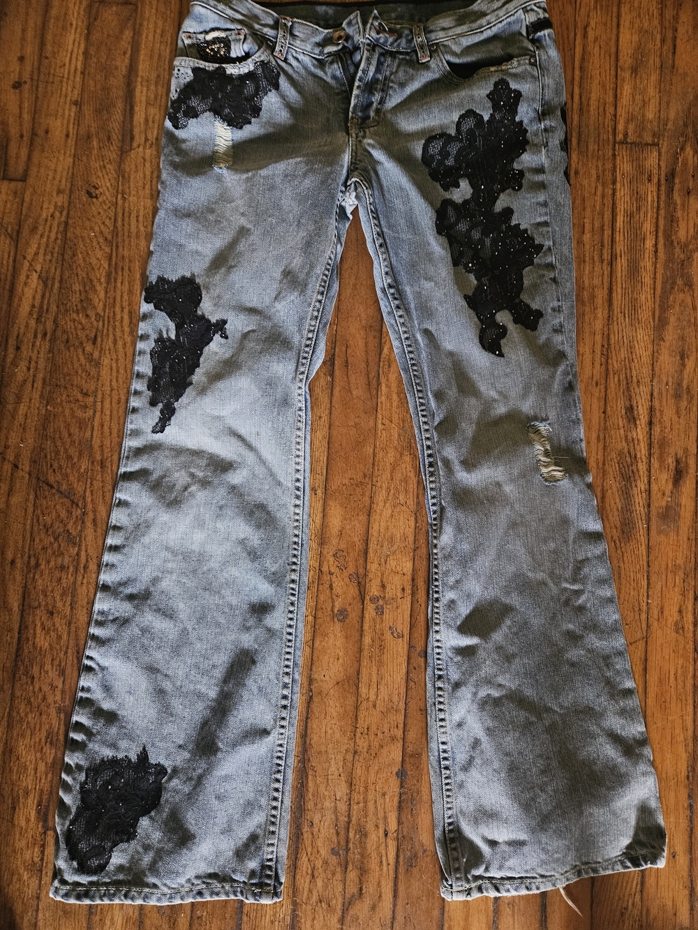 Y2k Vintage Express Boot Cut Jeans with Black Lace Appliqué